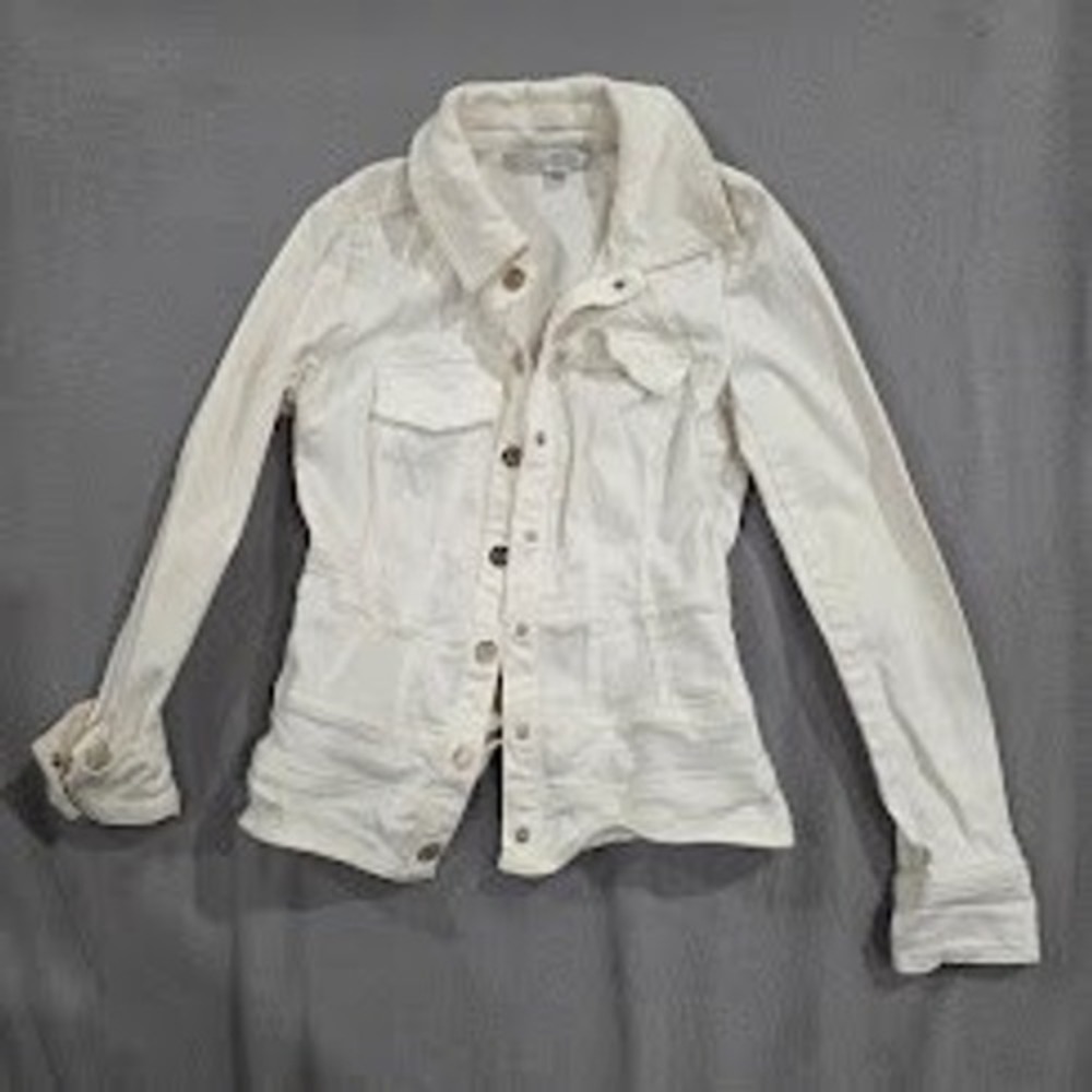 White House Black Market White Peplum Denim Jacket XXS Snap Front Stretch WHBM